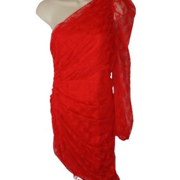 Whyte Valentine Red Lace One Shoulder Ruched Puff Sleeve Mini Dress - Picture 3 of 4